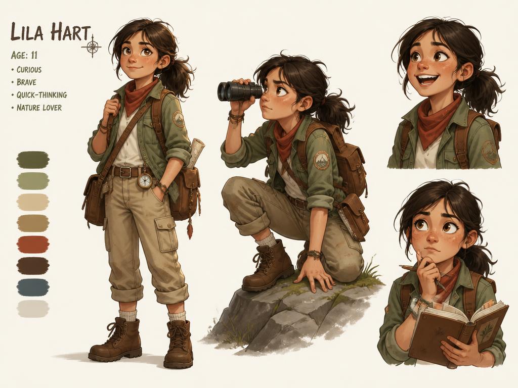 Character design sheet showing a young girl explorer in three poses with expression studies and a colour palette