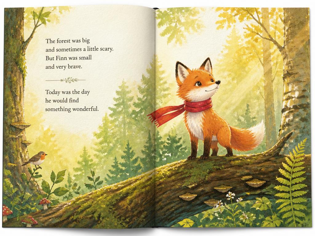 Watercolour children's picture book spread of a fox in a red scarf standing on a log in a sunlit forest
