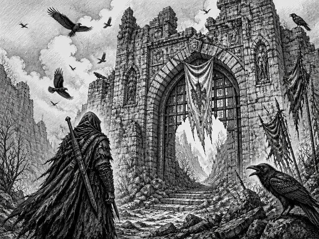 Black and white cross-hatched ink illustration of a hooded ranger before a ruined stone gate with ravens