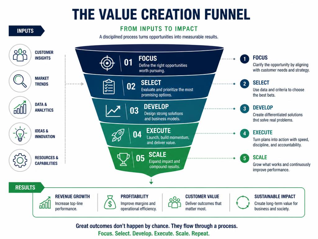 Flat vector infographic of a five-stage value creation funnel with icons and labels